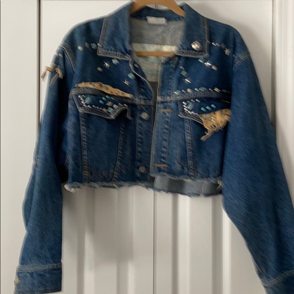 Vintage Jean Denim Frayed Edge Stud & Embellished FREEGO Leather Cropped Jacket - Picture 2 of 9